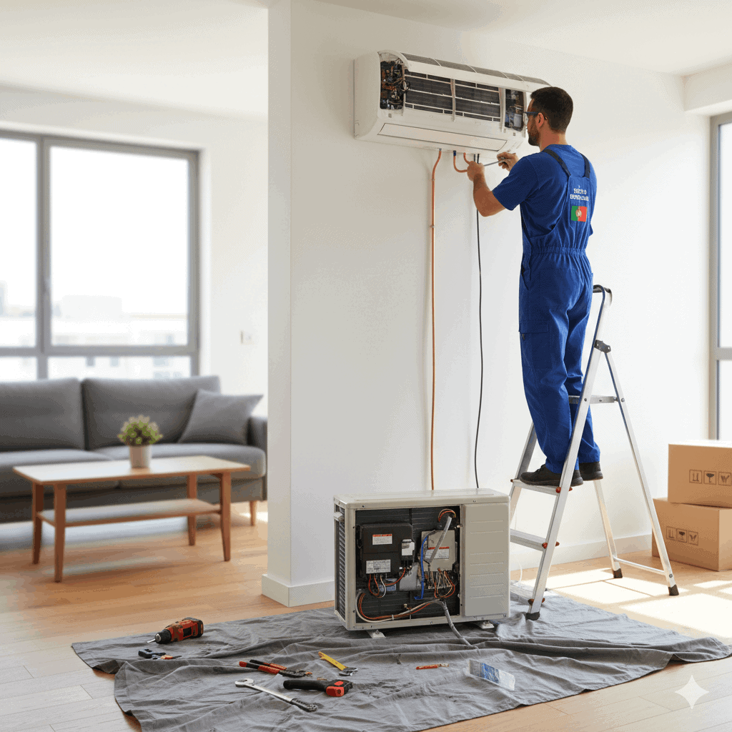 Técnico português a instalar um ar condicionado